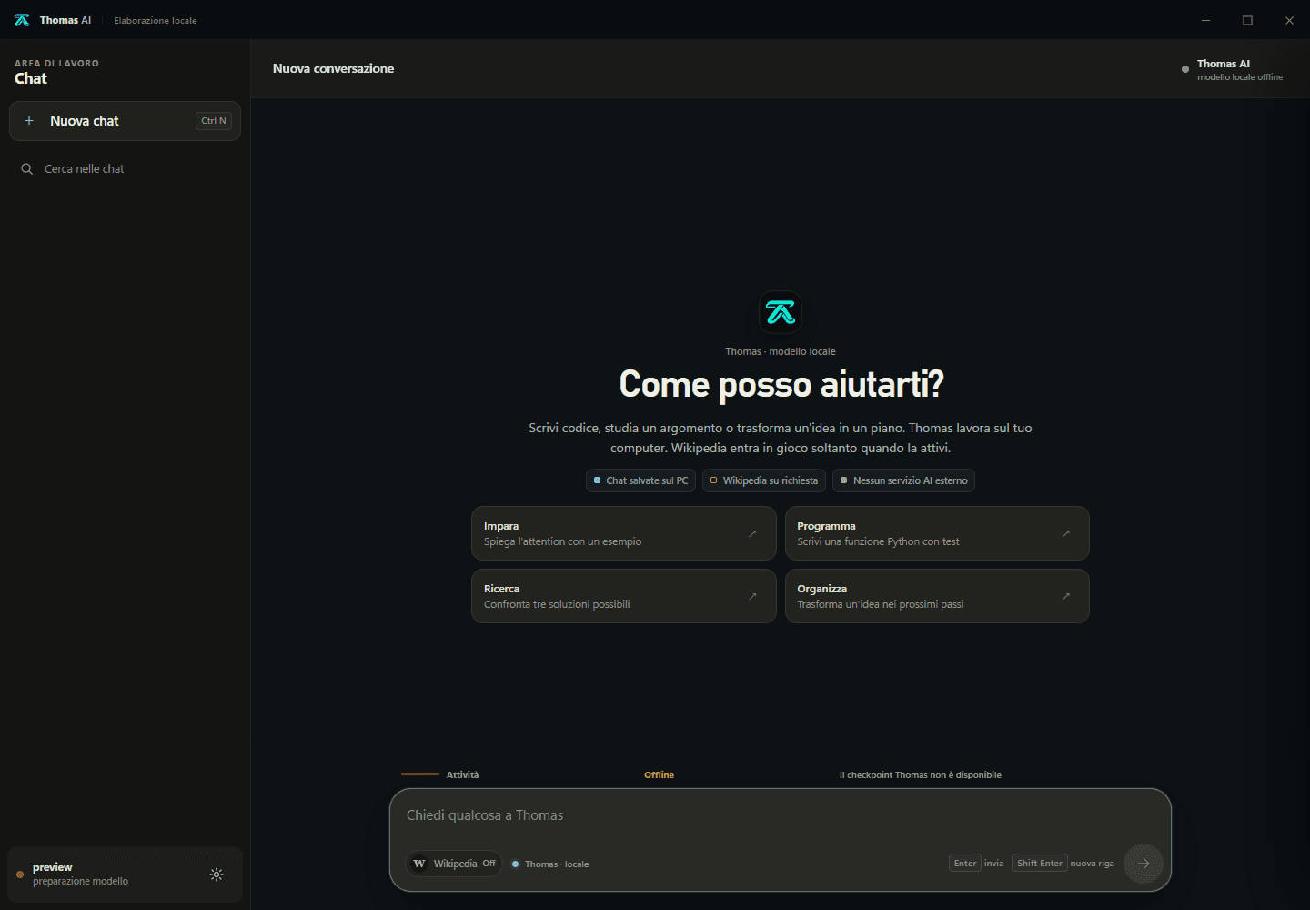 Interfaccia desktop Thomas AI con conversazione locale